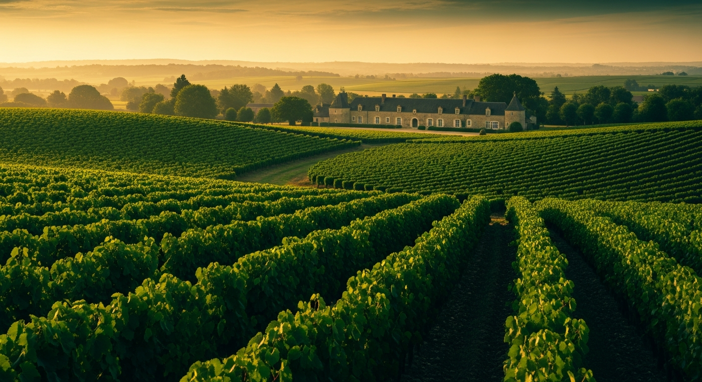 Vignobles de l'Anjou au coucher du soleil avec manoir français — territoire d'intervention de Réjinal Deravine, Terranjou et alentours.